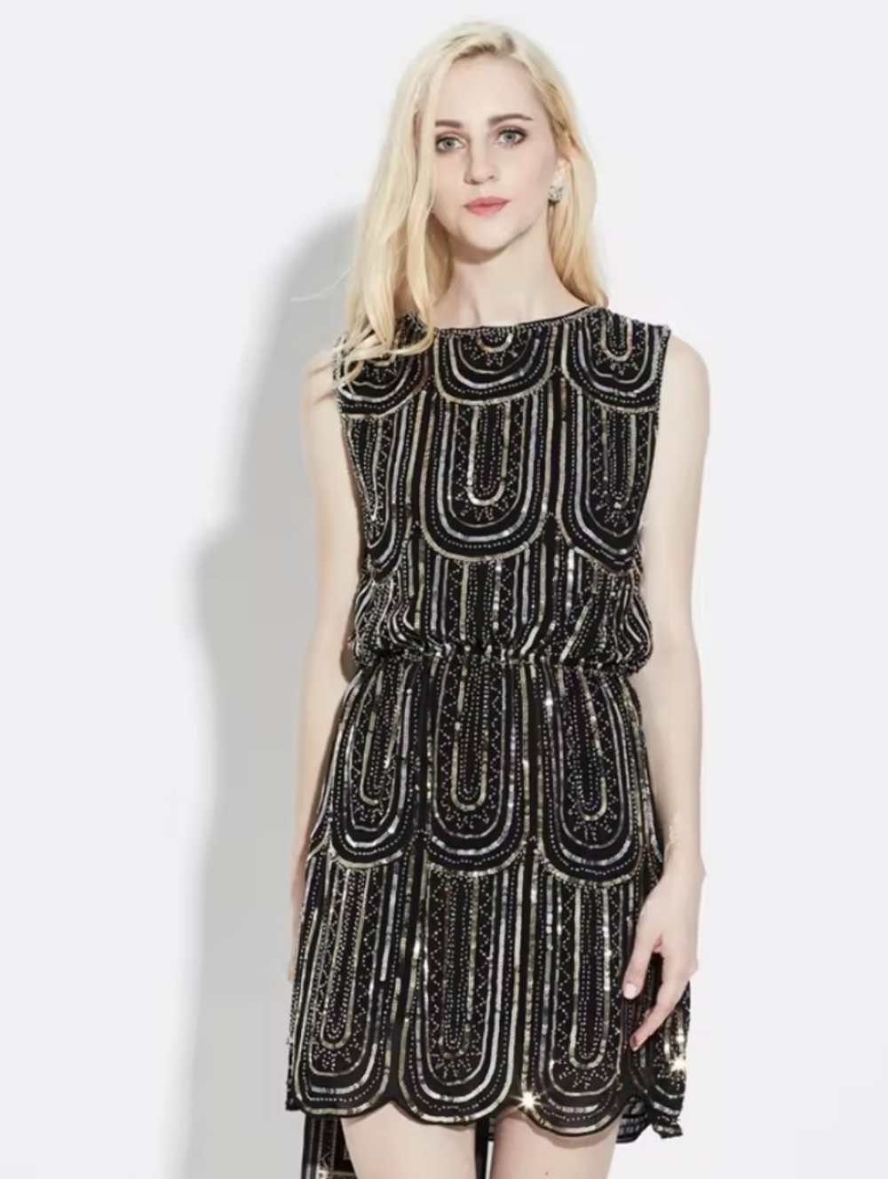 Sequin Beaded Mini Dress Art Deco Geometric Scalloped Hem Cocktail Flapper New